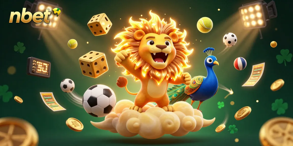 nbet showcases a vibrant sports betting scene with a roaring lion, golden dice, and dynamic sports elements.