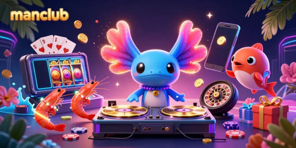 Experience thrilling gameplay at Manclub with vibrant characters in a colorful casino-themed scene