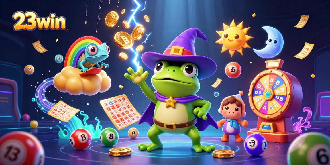 Experience thrilling wins with 23win's vibrant casino games featuring dynamic golden coins and lottery elements.