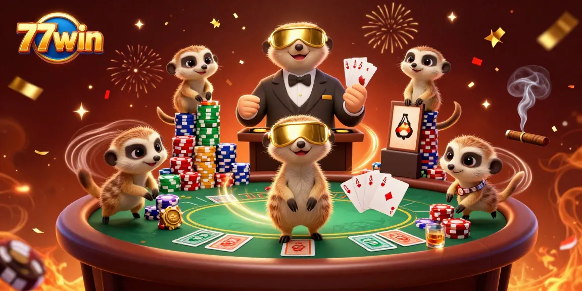 Experience the vibrant world of 77win with lively meerkats running a casino operation, showcasing energetic gameplay and excitement.