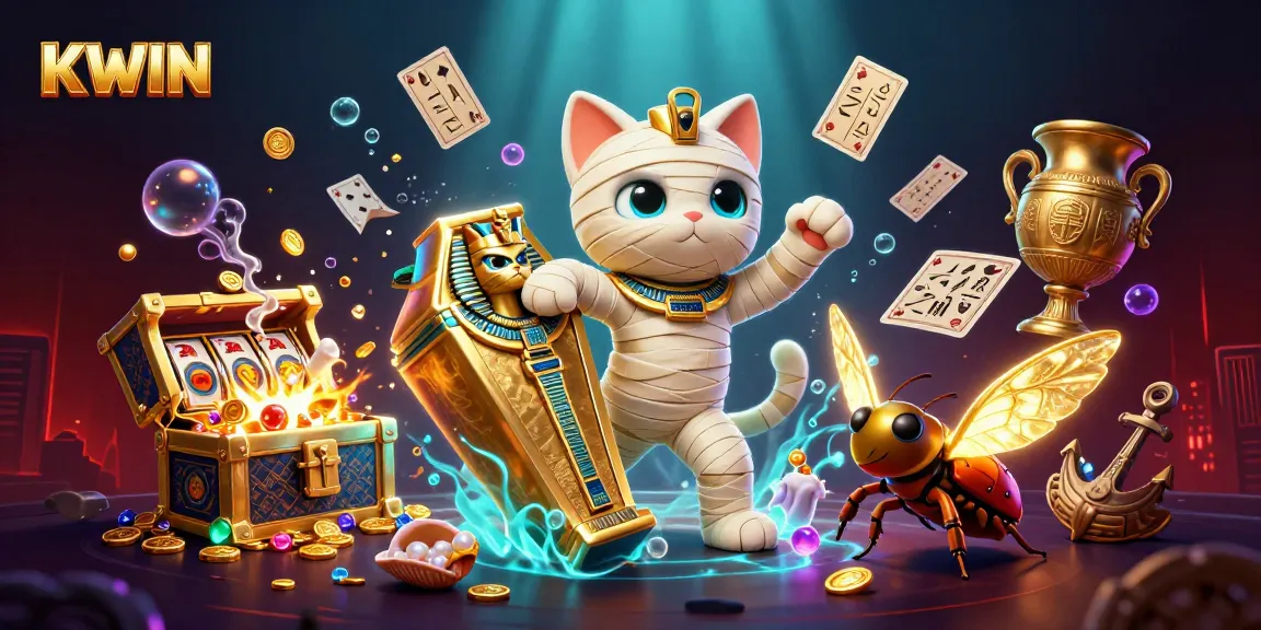 KWIN casino illustration with a mummy cat, treasure chest, and glowing cards, engaging players in excitement.