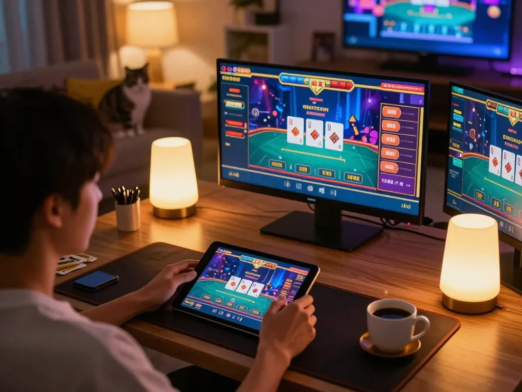 Person enjoying exciting online live gaming experience on 79win tablet, with diverse casino graphics displayed.