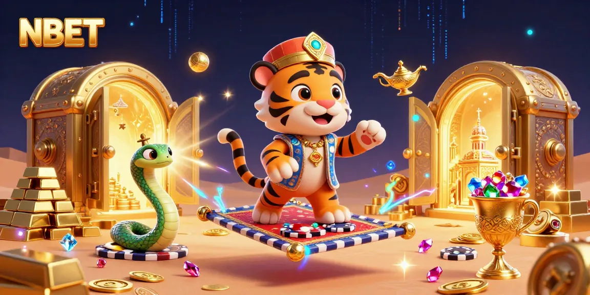 Experience the excitement of NBET with a vibrant 3D scene featuring a tiger sultan on a poker chip carpet, surrounded by dazzling treasures.