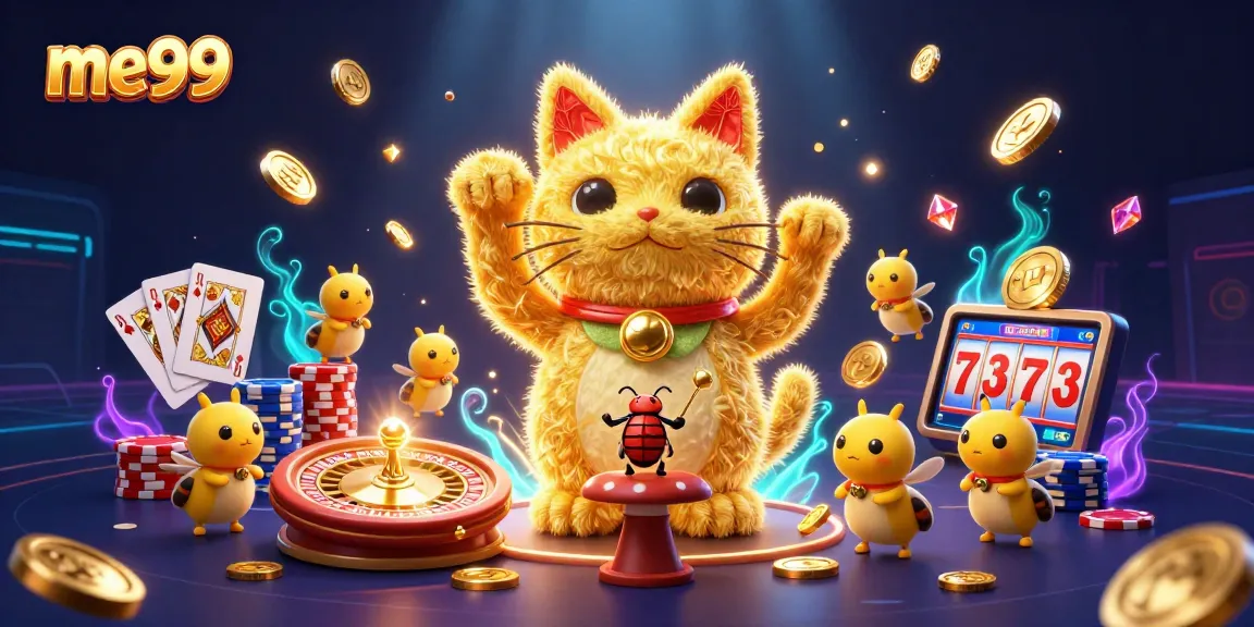 Experience the magic of me99 with a vibrant 3D lucky cat and casino symbols.