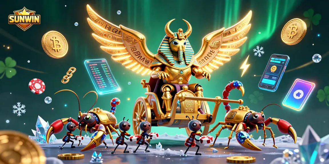 Play exciting games at SUNWIN with an energetic scene featuring a golden scarab and dazzling casino elements.