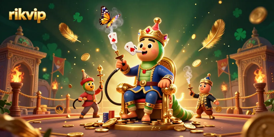 Experience the excitement of rikvip with a vibrant 3D illustration featuring a caterpillar hookah-master in a casino setting.