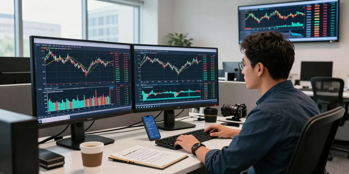 Developer analyzing WTI crude oil futures API data in a modern trading office with multiple screens.