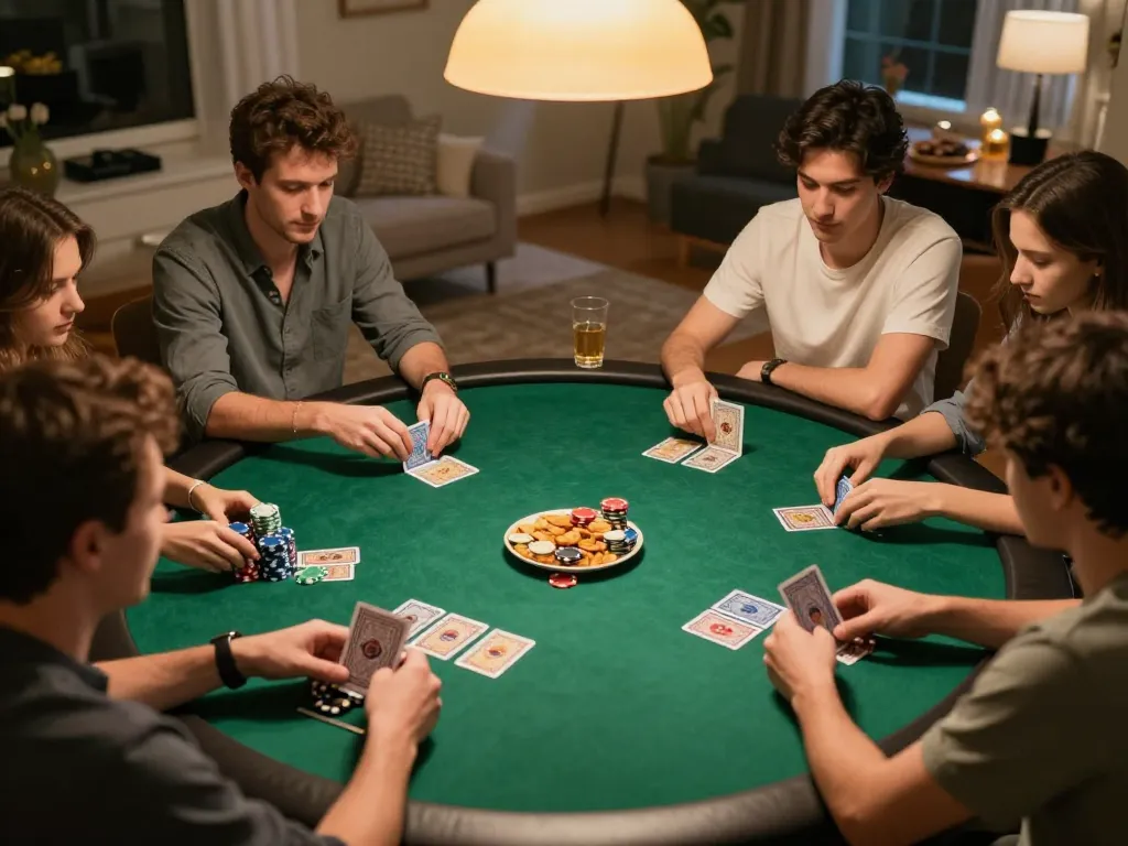 Engaged players strategizing poker at home, showcasing 789win card game action among friends.