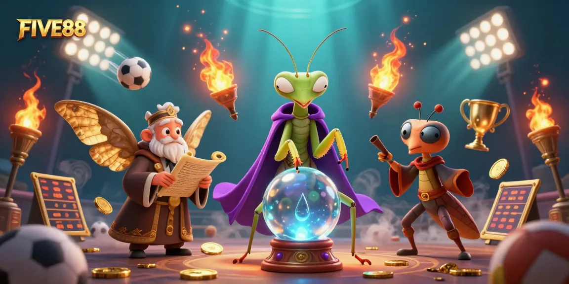Experience the excitement of FIVE88 with a dynamic casino scene featuring fortune tellers and sports elements.