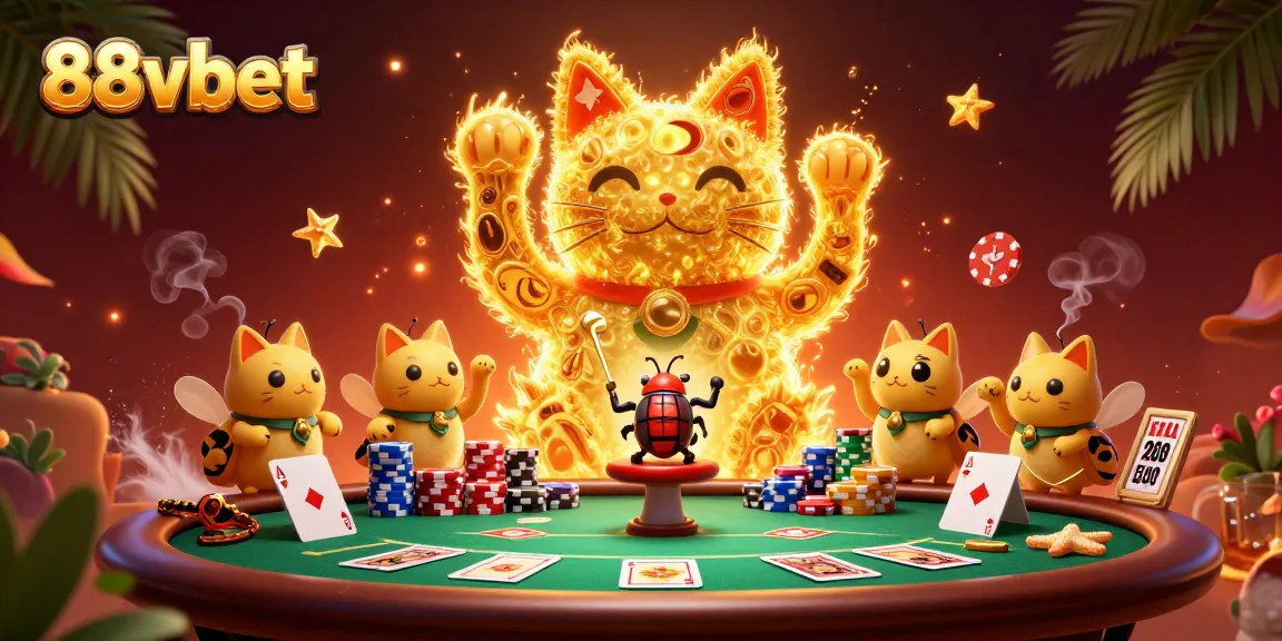 Experience 88vbet's vibrant gaming world through a dynamic 3D illustration of a lucky cat and casino elements.