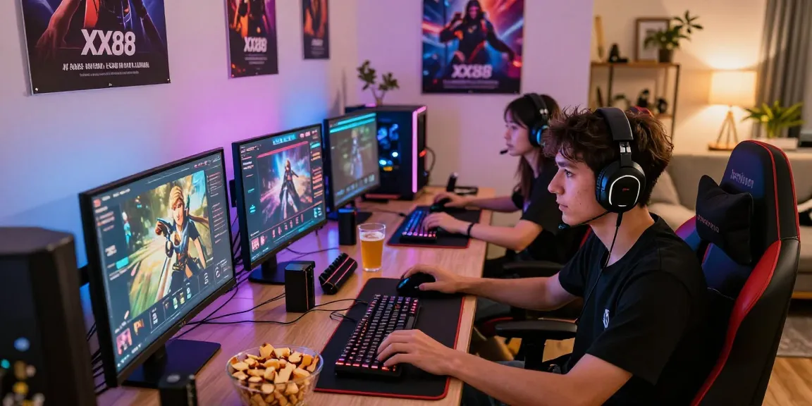 Exciting online gaming scene showcasing players engaging with XX88's interactive platform, vibrant decor, and high-tech gear.