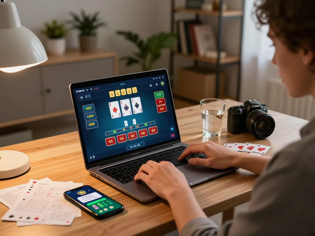 Engaging online gambling scene where a player uses a laptop for sun win blackjack while keeping strategic notes at a home office desk.