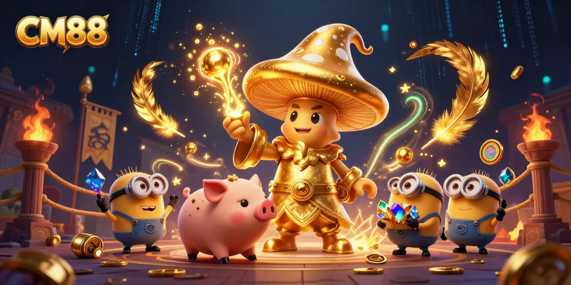 Experience thrilling gameplay at CM88 with a dynamic 3D casino scene featuring magical elements and treasures.