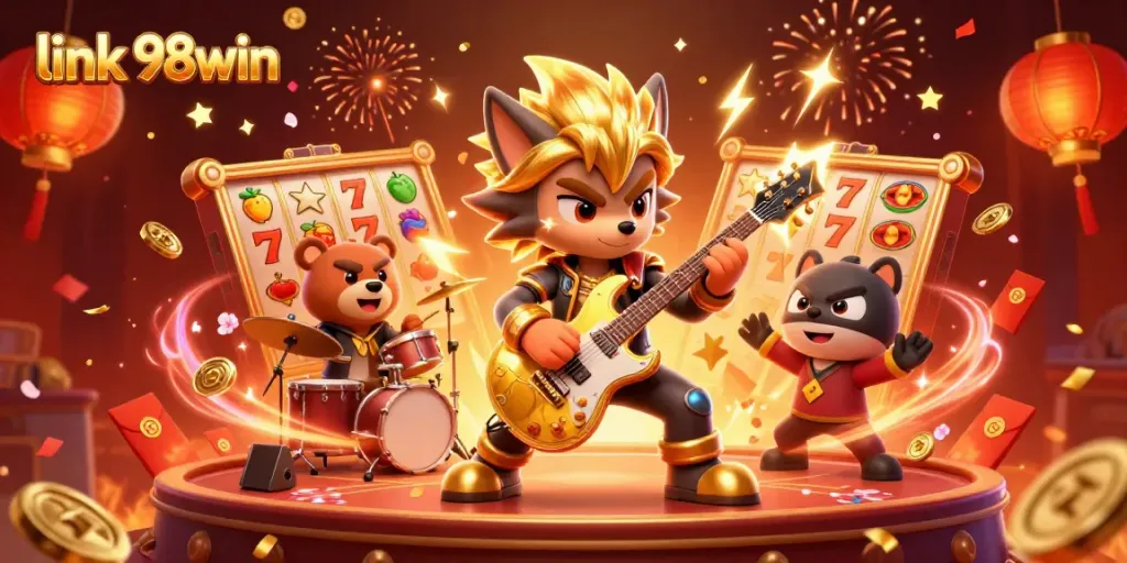 Engage with thrilling gameplay at link 98win, featuring a lively casino scene with dynamic characters.