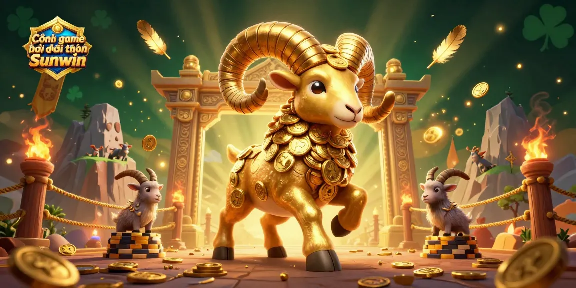 Cổng game bài đổi thưởng Sunwin showcasing a vibrant 3D scene featuring a massive golden ram charging through a golden gate, enveloped in gold coins and festive elements.
