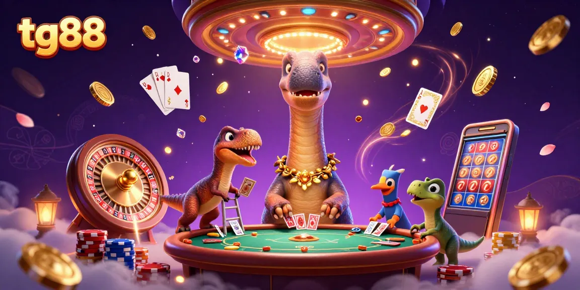 tg88 showcases a whimsical 3D casino scene with a brontosaurus, raptor dealer, and dynamic game elements.