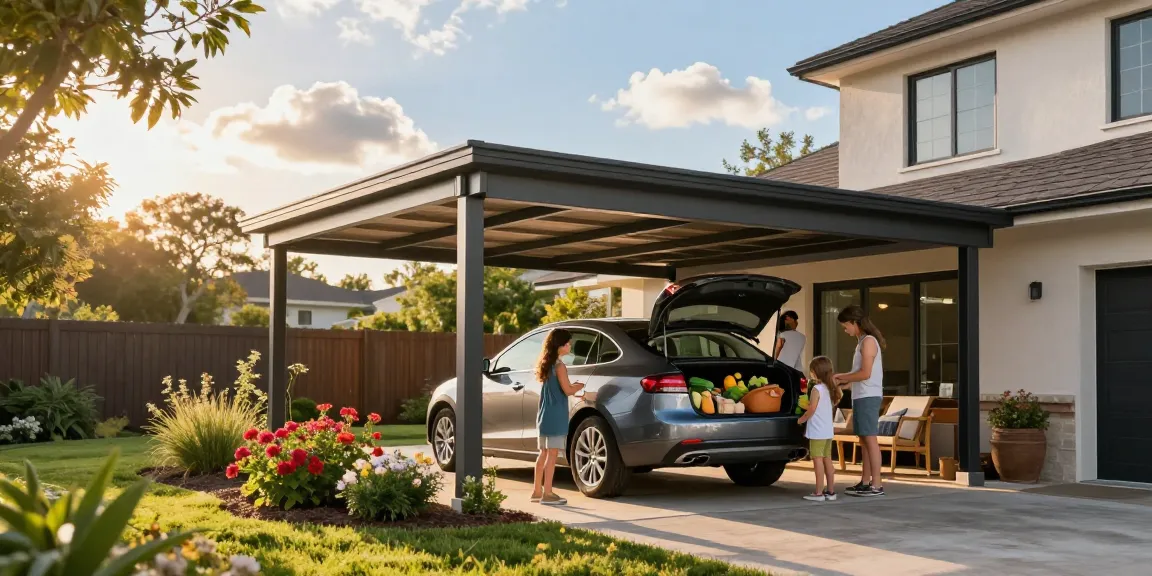 Moderne Carport-Struktur neben einem stilvollen Zuhause, ideal für Fahrzeugschutz.