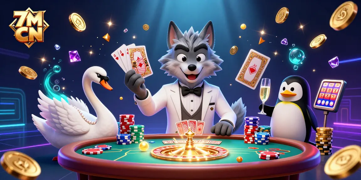 Engage in exciting gameplay with 7M CN featuring a debonair wolf, elegant swan, and sophisticated penguin in a casino scene.