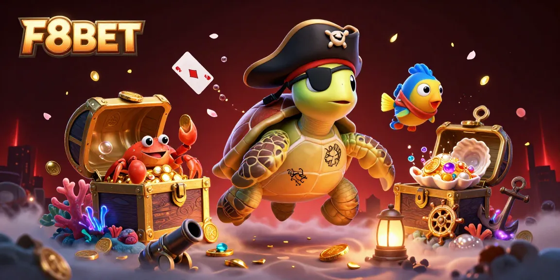 Experience F8BET's thrilling 3D treasure scene with characters amidst casino elements and vibrant underwater graphics.