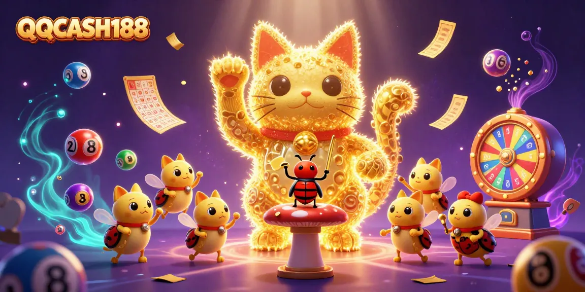 Engage with QQCASH188's vibrant lottery scene featuring golden fireflies and dynamic casino elements.