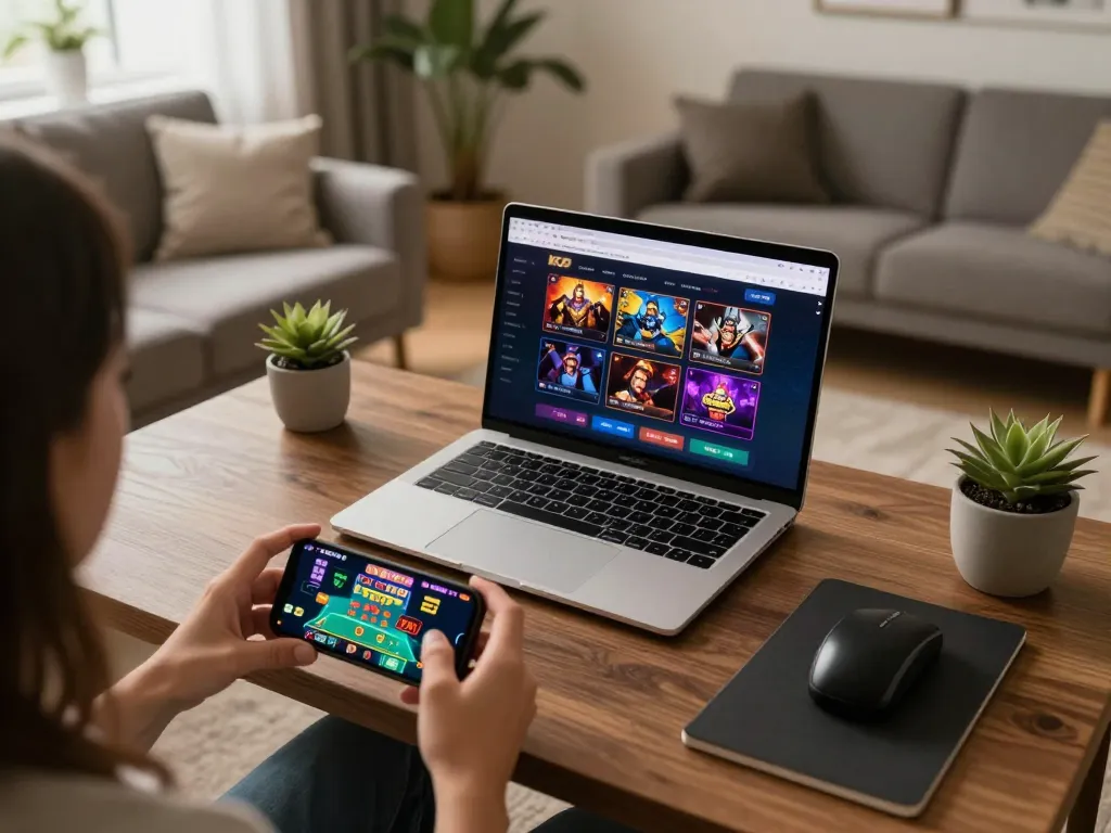 KJC online gaming setup showcasing a laptop and smartphone in a cozy home environment