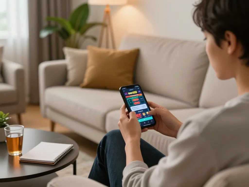 Engaging in mega888 apk download for android mobile from a cozy living room setting with smartphone gameplay.