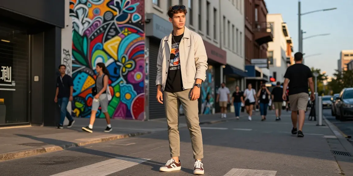 Men's fashion in an urban setting with a stylish individual showcasing trendy attire and a vibrant street backdrop.