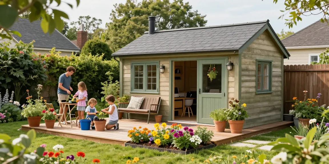 Ein stilvolles Gartenhaus von McGarden24 in einem blühenden Garten mit einer Familie, die gemeinsam gärtnert.