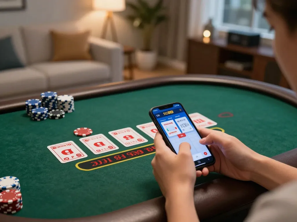 SC88 Vip player strategically betting in an engaging live blackjack game at home, showcasing a modern setup.