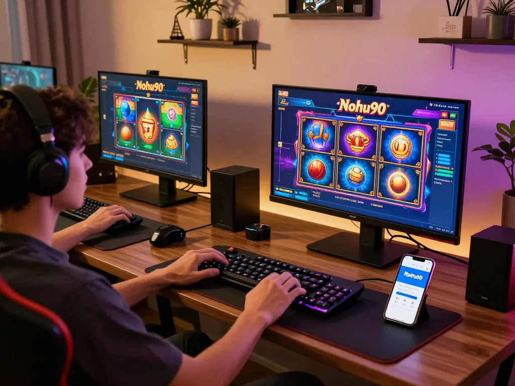 Nohu90 player engaging with multiple screens for an exciting online gaming experience
