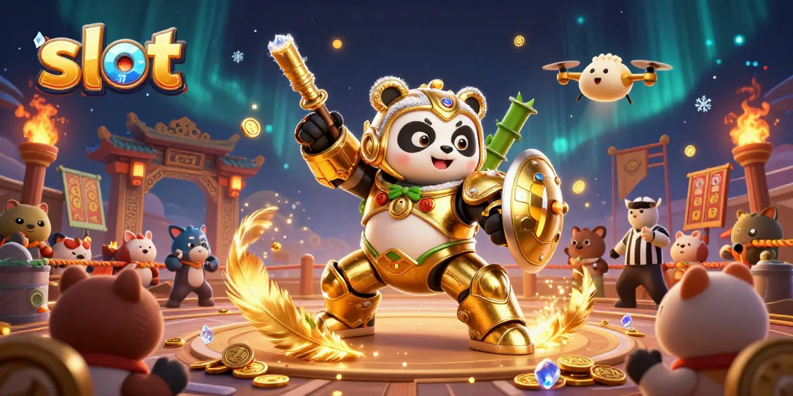 Slot gacor online dengan panda emas bertarung di arena, membantu pemain menang