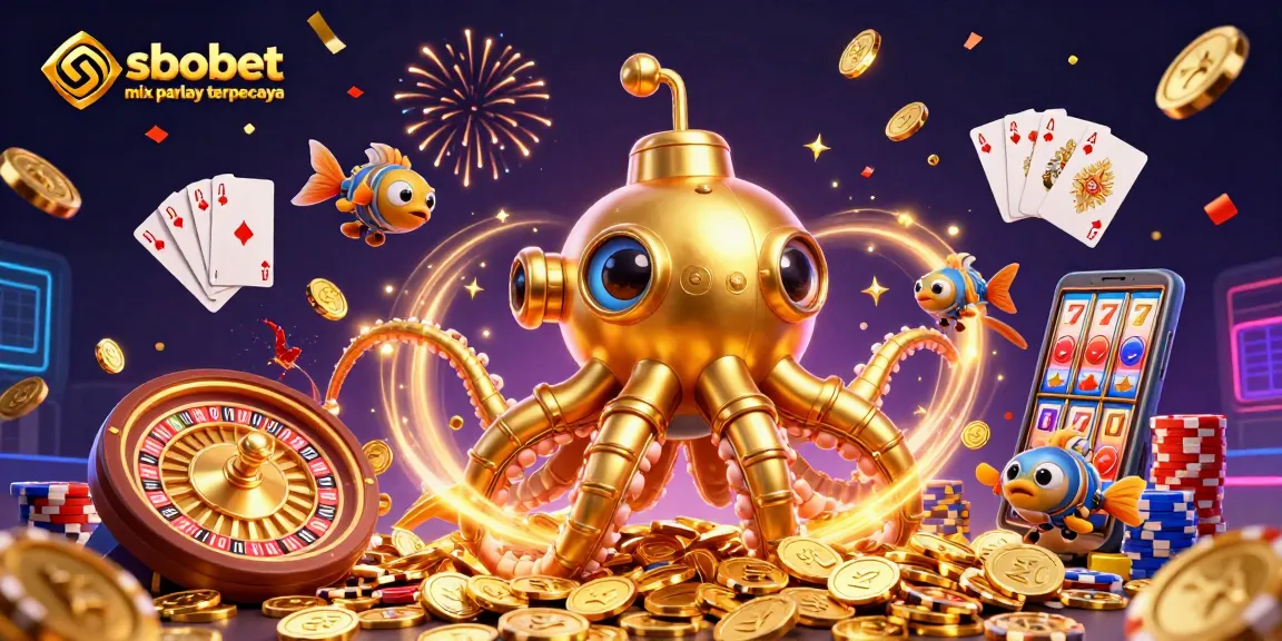 Bet on sbobet mix parlay terpercaya with a stunning illustration of a kraken submarine surrounded by casino elements.
