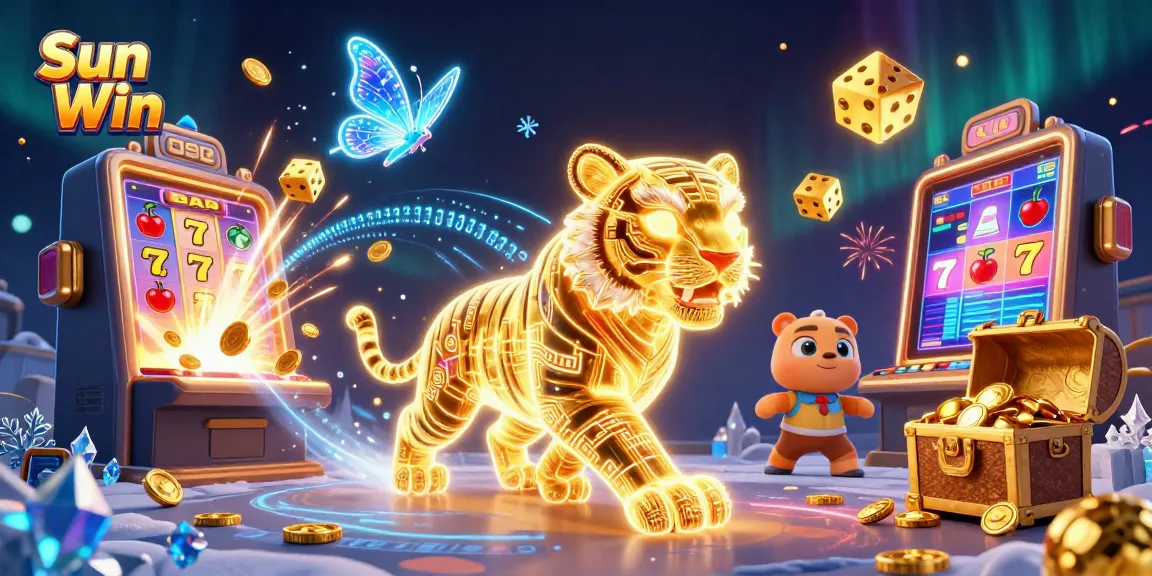 Experience the excitement of Sun Win with vibrant casino elements, golden tiger, and jackpot slots.