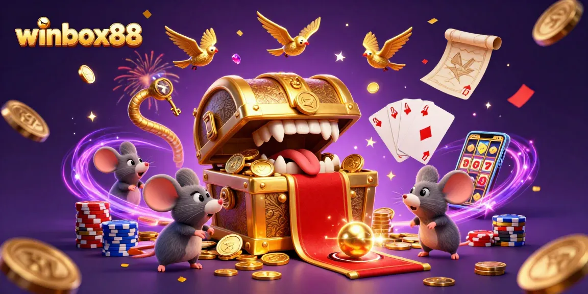 Experience the excitement of winbox88 with a vibrant casino scene featuring playful mice and dynamic game elements.