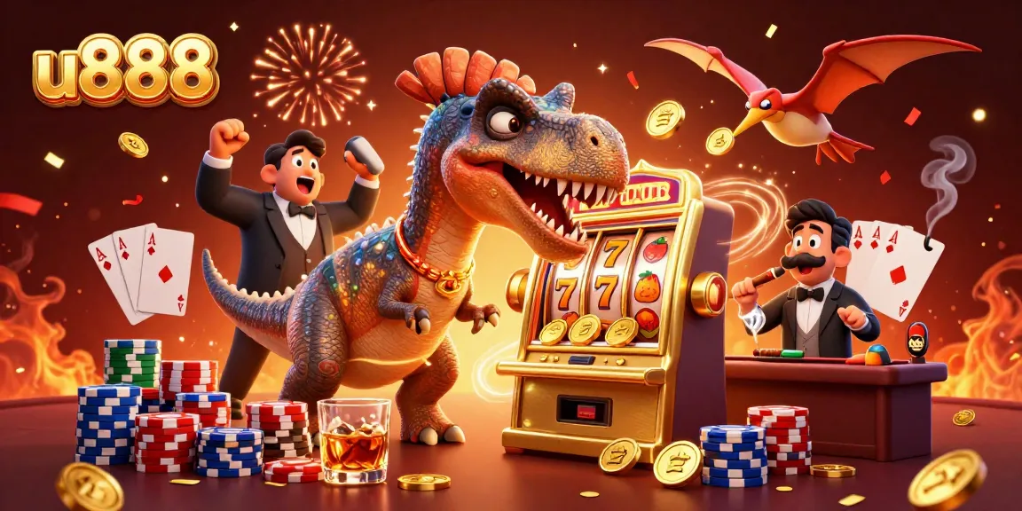 Experience the excitement of u888 as a pachycephalosaurus wins jackpot coins from a golden slot machine.