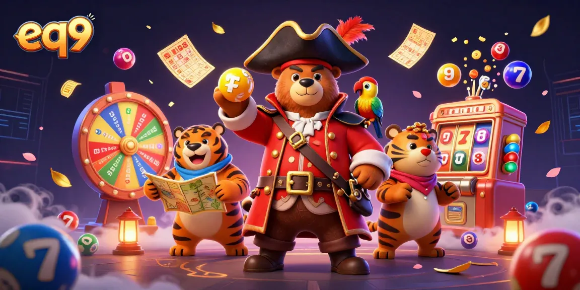 Experience the excitement of eq9 with a vibrant 3D casino scene featuring a pirate captain bear and tiger, surrounded by dynamic gaming elements.