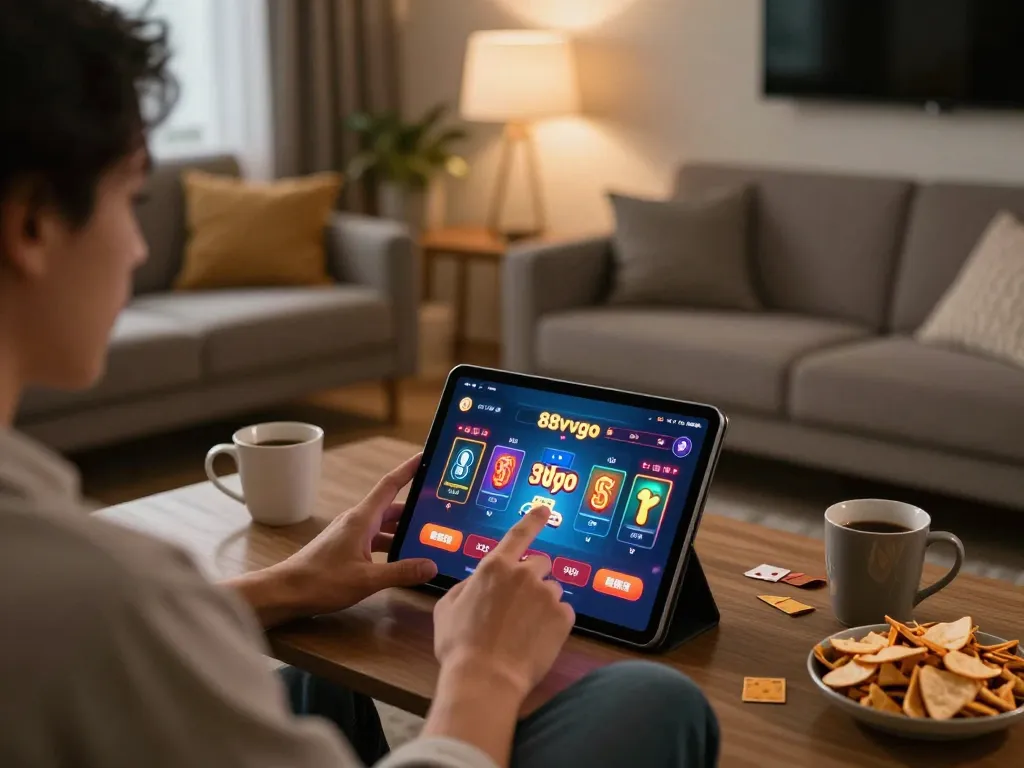 Engaging with the 88vvgo online casino app in a cozy home environment, highlighting strategic gameplay.