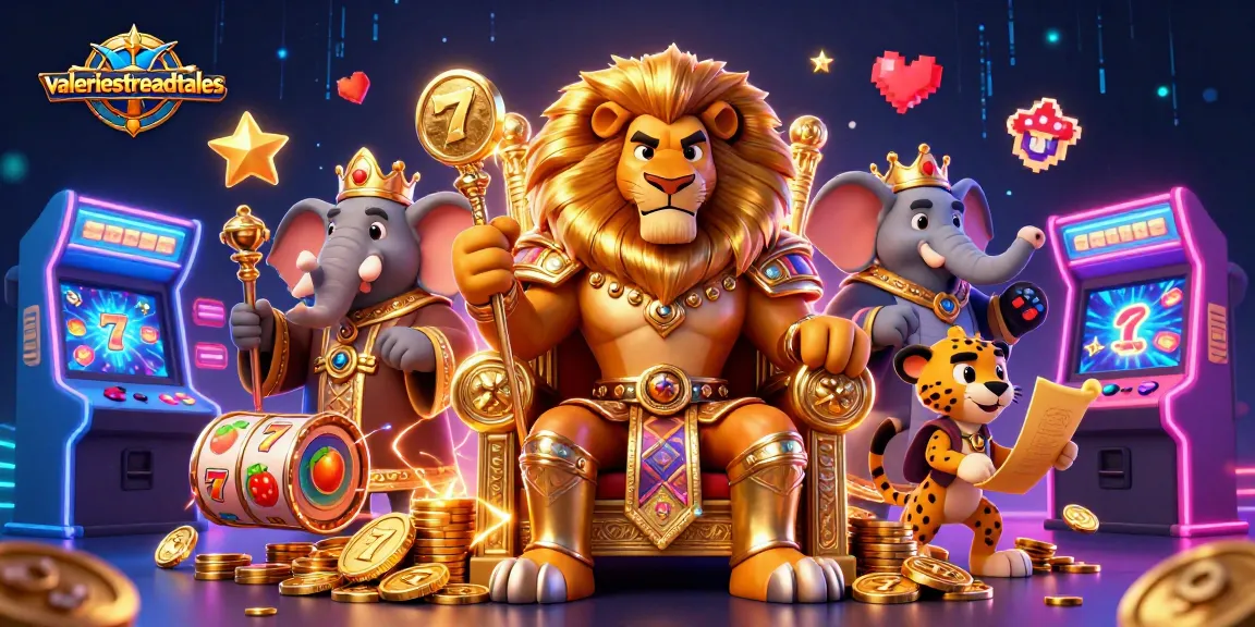Experience thrilling casino adventures with valeriesthreadtales, featuring a lion king amidst slot machines and vibrant games.
