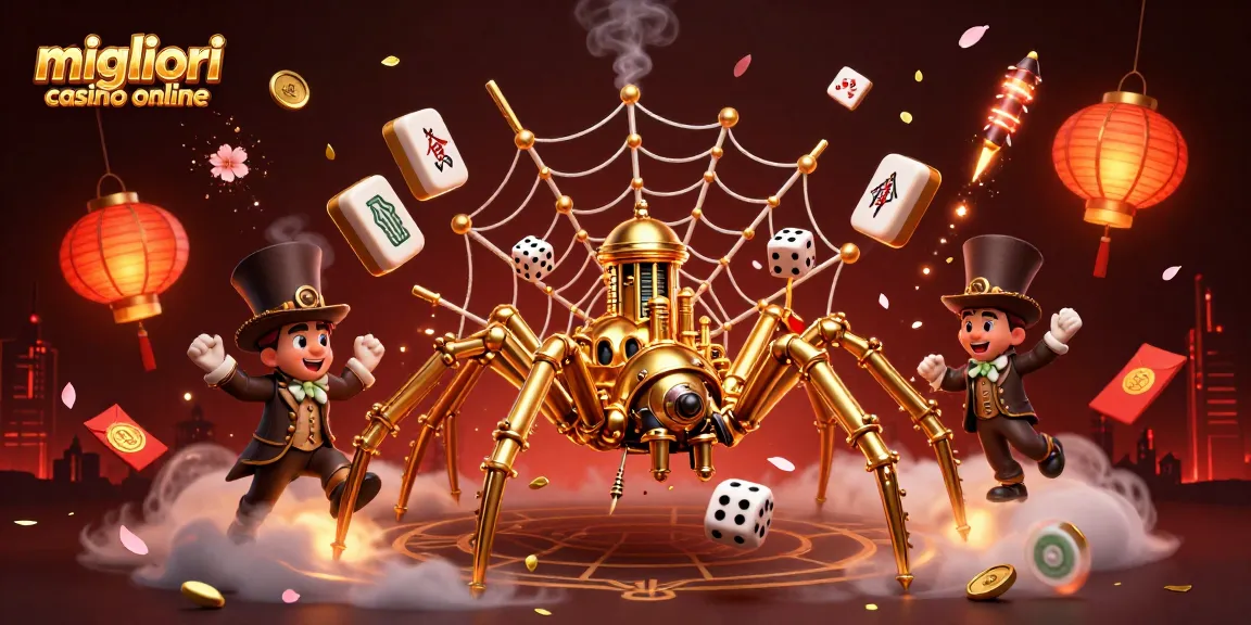 Gioca nei migliori casino online con la giocosità di un ragno steampunk e simboli di fortuna che danzano.