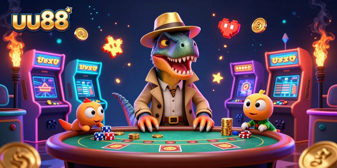 Experience dynamic gaming action at uu88 with a cartoon velociraptor at a blackjack table.