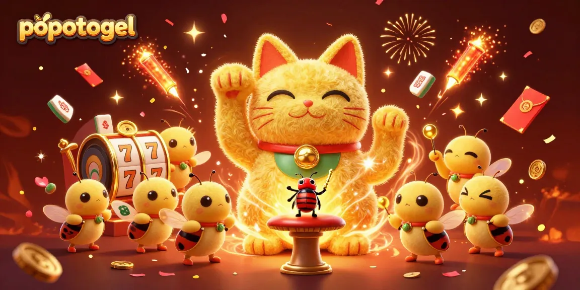 Experience the excitement of popotogel with a lucky cat and casino symbols amidst dynamic festive elements.