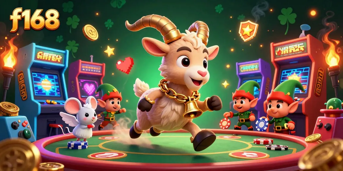 Experience the excitement of f168's casino with animated characters amidst vibrant gaming elements.