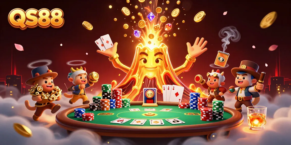 Experience the excitement of QS88 with a vibrant casino scene filled with treasures and gaming elements.