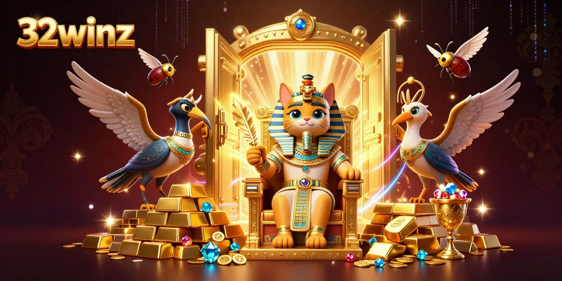 Exciting 32winz casino scene with pharaoh cat, treasure vault, and gems highlighting winning opportunities.