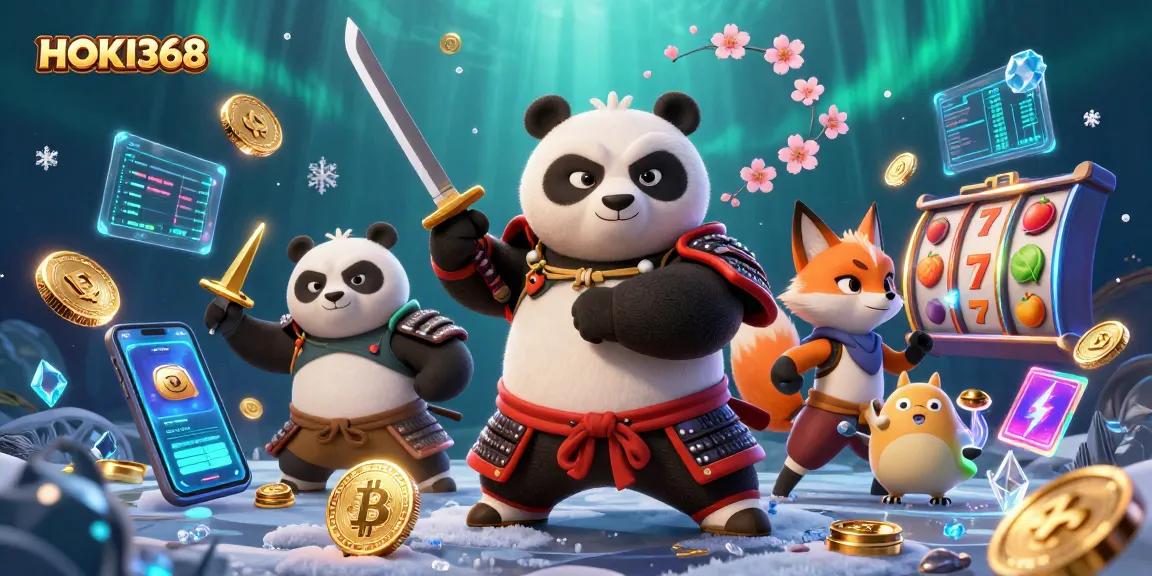 Engage with HOKI368 through an epic scene featuring a samurai panda in armor, dynamic casino elements.