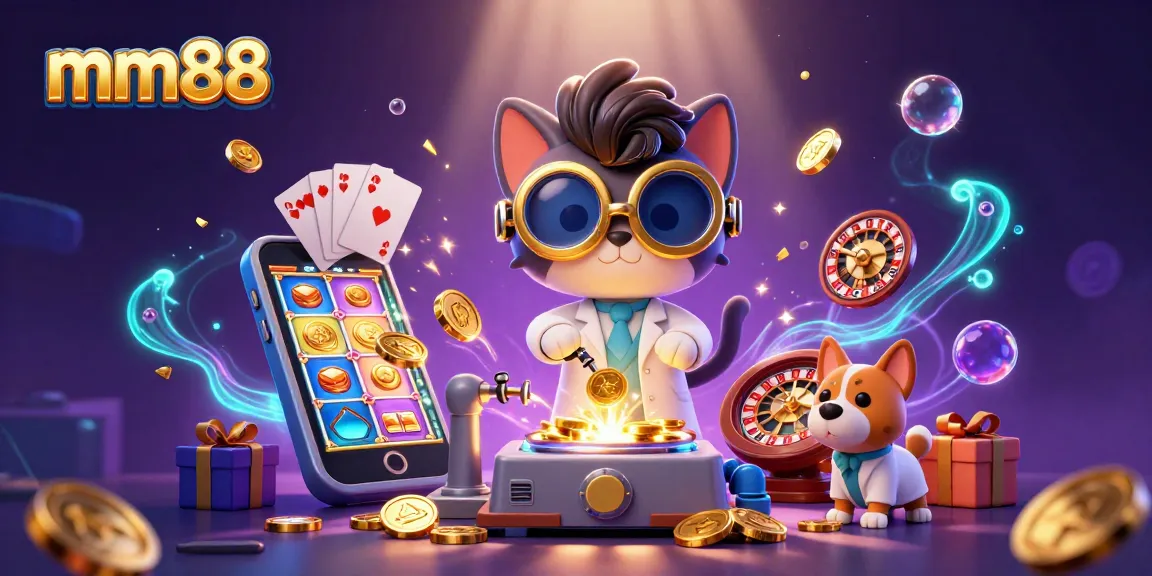 Experience big wins at mm88 with a cartoon mad scientist and dog in a vibrant casino scene.