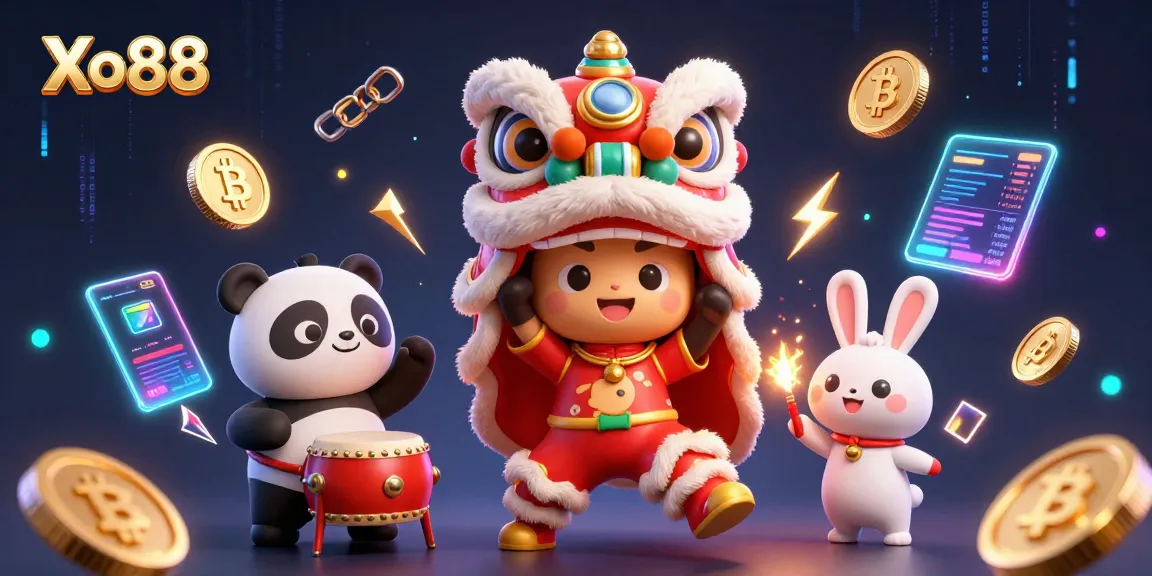 Xo88 showcases a lively Chinese New Year celebration with vibrant characters and crypto elements.