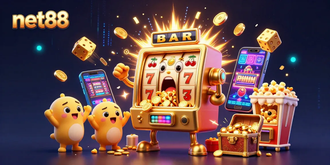Celebrate jackpots with net88's golden slot machine and cheering baby slots in vibrant 3D illustration.
