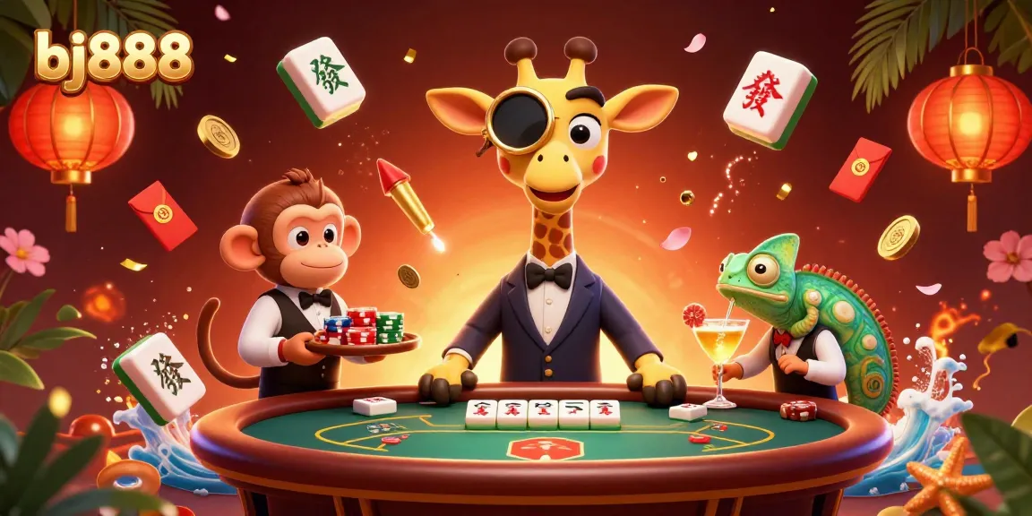 Engage with bj888's lively cartoon scene featuring thrilling gambling action, showcasing a giraffe, monkey, and chameleon.