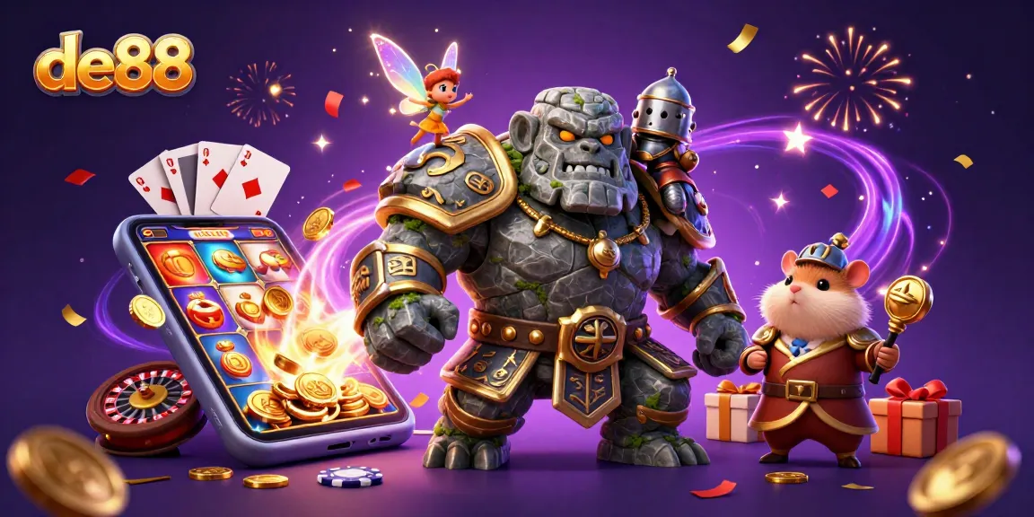 Play exciting slot games with de88's magical gaming characters in a vibrant illustration.